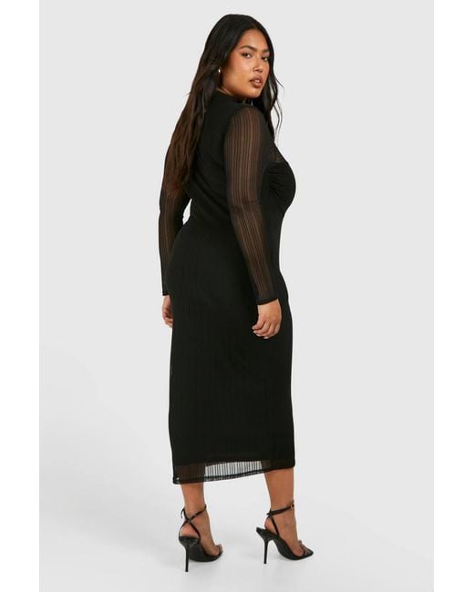 Boohoo Black Plus Rib Mesh Long Sleeve Midi Dress