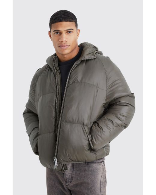 Boohoo Gray Sheen Quilted Nylon Puffer With Hood
