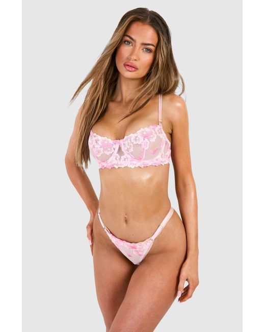 Boohoo Pink Floral Embroidered Balcony Bra And Thong Set