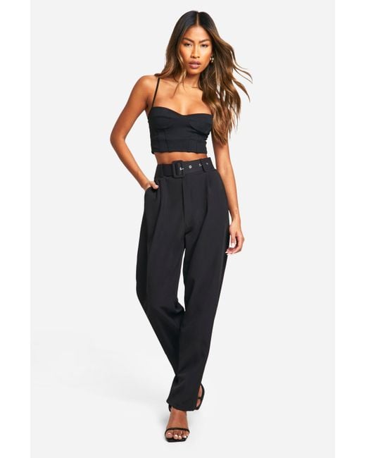 Boohoo Black Self Fabric Belted Ankle Grazer Trouser