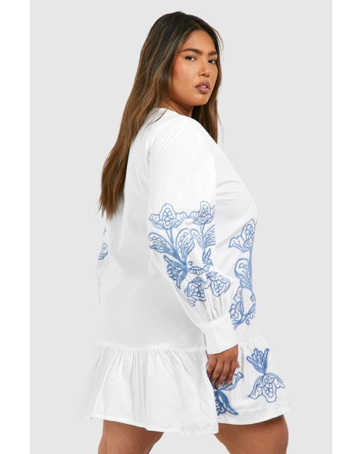 Boohoo Blue Plus Woven Embroidery Detail Frill Hem Long Sleeve Dress