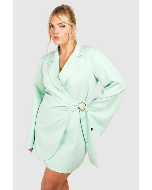 Boohoo Green Plus Buckle Detail Tie Waist Tailored Blazer Dress