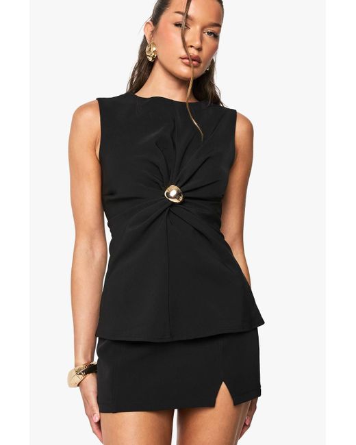 Boohoo Black Button Woven Twist Detail Top