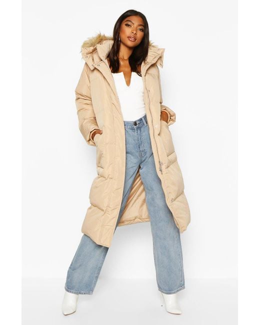 longline puffer coat with fur hood