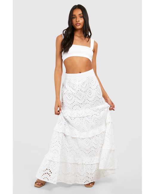 Boohoo White Tall Broderie Tiered Maxi Skirt