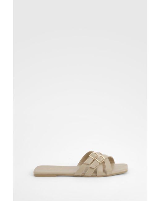 Boohoo Natural Square Toe Double Buckle Mule Sandals