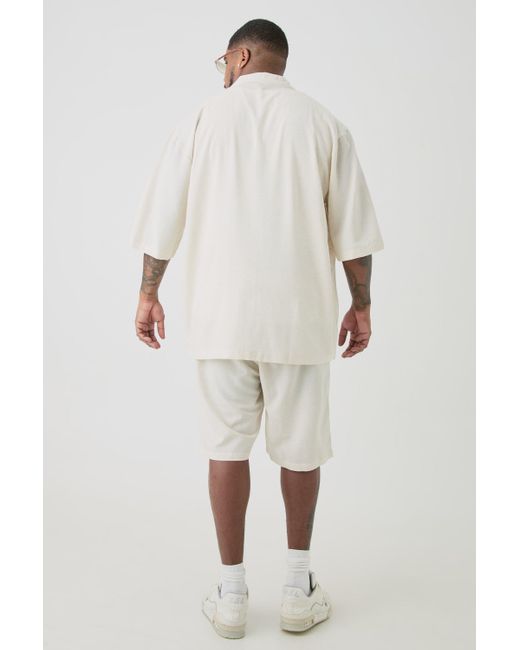 Boohoo Plus Oversized Linen Drop Revere Shirt & Short Set In Natural