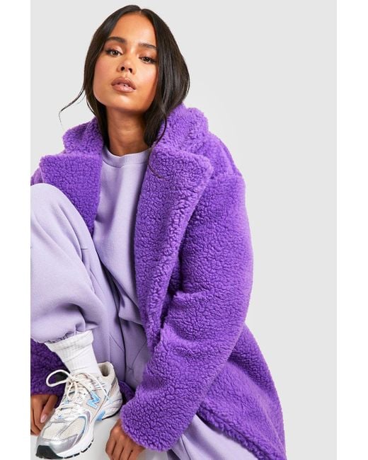 Boohoo Petite Pocket Detail Teddy Fur Coat in Purple | Lyst