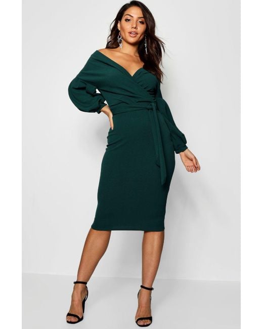off the shoulder green midi dress