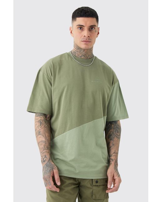 BoohooMAN Tall Oversized Diagonal Colour Block T-shirt in Green für Herren