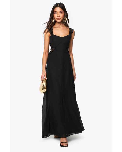 Boohoo Lace Chiffon Godet Hem Maxi Dress in Black | Lyst Canada