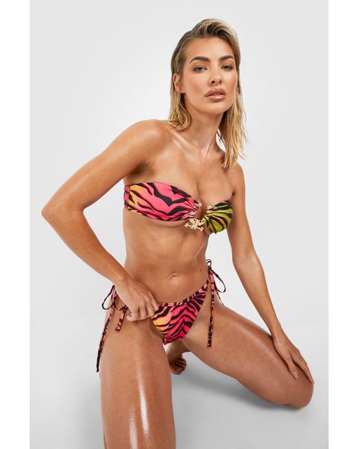 Boohoo Gold Trim Ombre Zebra Bandeau Bikini Set in Pink | Lyst UK