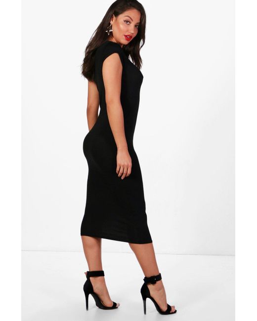 cap sleeve jersey bodycon midi dress