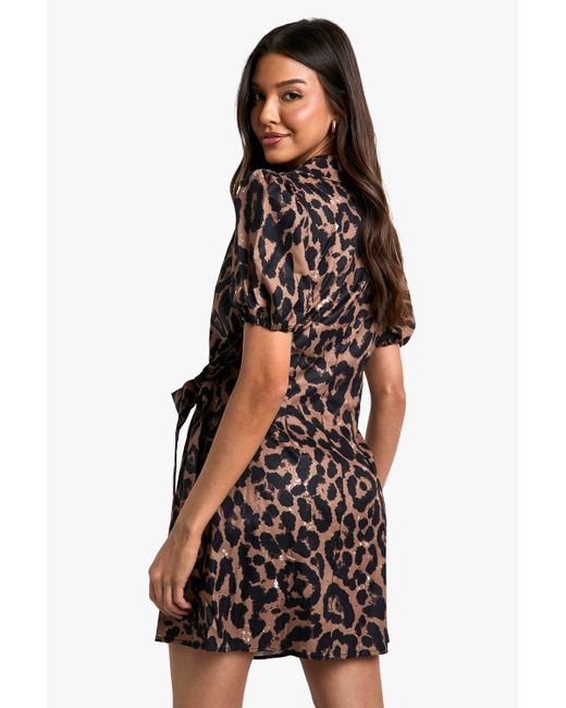 Boohoo Black Leopard Wrap Smock Dress