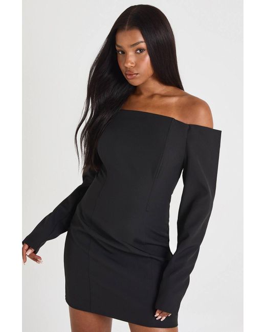 Boohoo Boxy Bandeau Long Sleeve Tailored Mini Dress in Black | Lyst