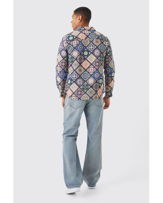 BoohooMAN Blue Long Sleeve Zip Through Diamond Tapestry Overshirt for men