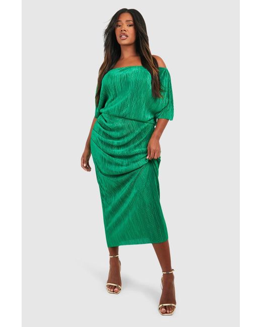 Boohoo Green Plus Off The Shoulder Plisse Midi Dress