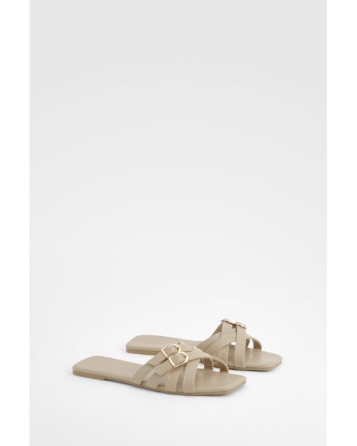 Boohoo Natural Square Toe Double Buckle Mule Sandals