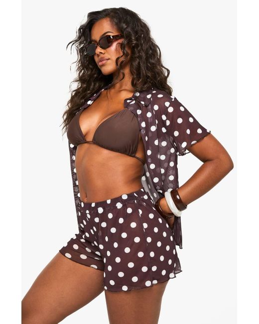 Boohoo Brown Polka Dot Print Beach Shorts