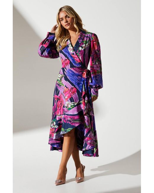 Coast Multicolor Petite Printed Satin Wrap Wedding Guest Dress