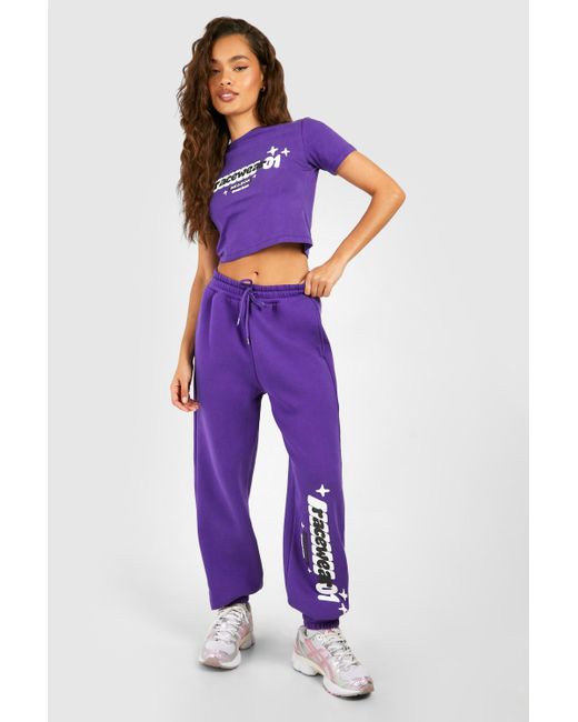 Boohoo Blue Motorsport Puff Print Fitted T-shirt And Straight Leg Jogger Set
