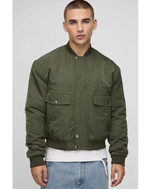 BoohooMAN Regular Fit Peached Crinkle Nylon Bomber Jacket in Green für Herren
