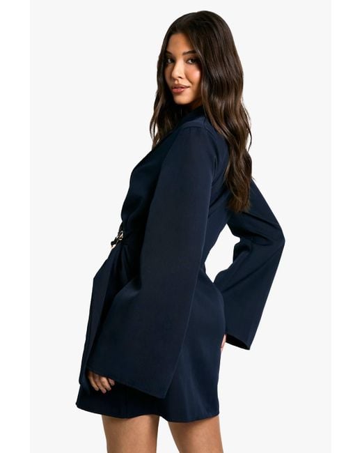 Boohoo Blue Buckle Detail Tie Waist Tailored Blazer Dress