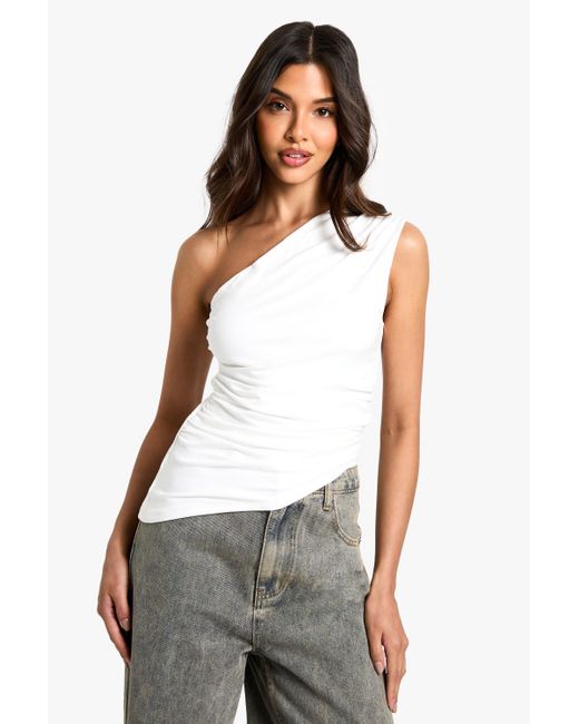 Boohoo White Super Soft One Shoulder Ruched Side Top