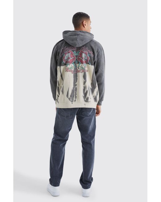 BoohooMAN Gray Oversized Bleached Overdye Graphic Hoodie for men