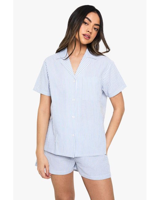 Boohoo White Seersucker Stripe Short Sleeve Shirt & Shorts Pyjama Set