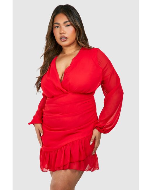 Boohoo Red Plus Chiffon Ruffle Wrap Dress