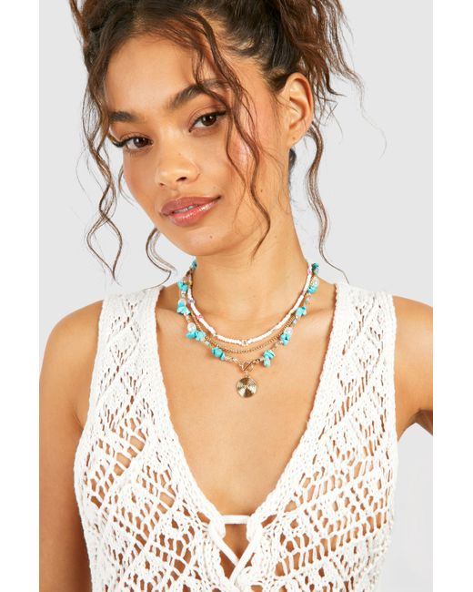 Boohoo Blue Floral Beaded Pendant Layered Necklace