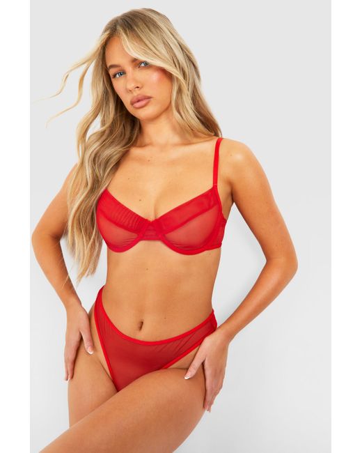 Mesh Panel Underwire Bra And Thong Boohoo de color Red