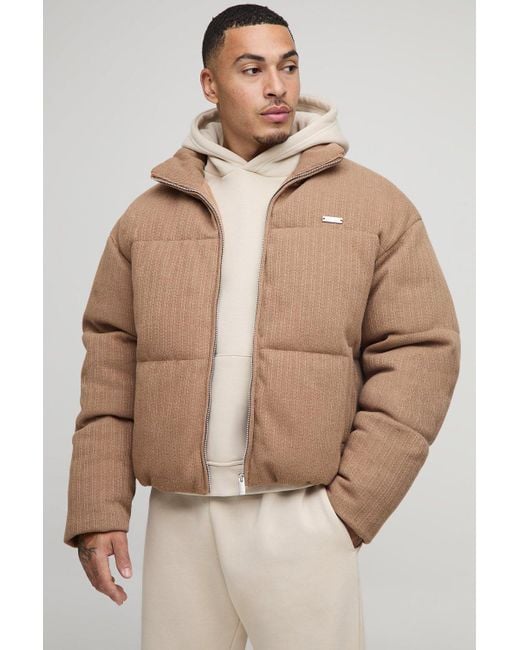 BoohooMAN Natural Boxy Fit Mini Knitted Textured Funnel Neck Puffer Jacket for men