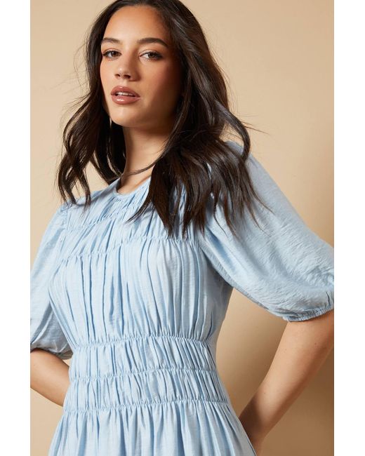 Oasis Blue Shirred Bodice Puff Sleeve Midi Dress