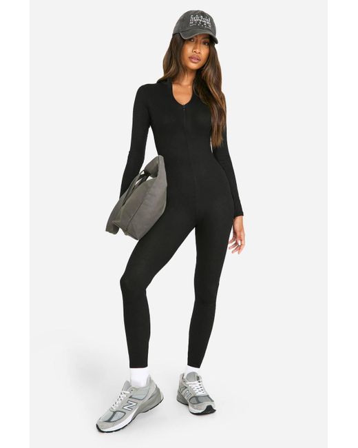 Boohoo Black Basic Ribbed Zip Up Skinny Jumpsuit