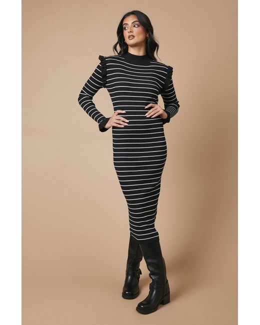 Oasis Black Striped Ribbed Frill Shoulder Knitted Midi Dress