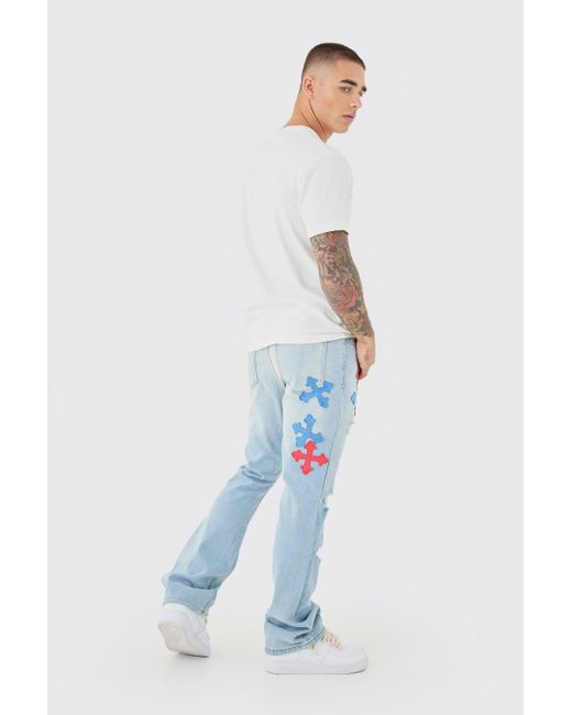Boohoo Slim Rigid Flare Applique Jeans In Ice Blue