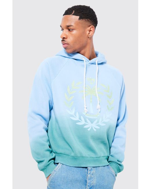 BoohooMAN Boxy Raglan Ombre Puff Print Hoodie in Blue for Men Lyst