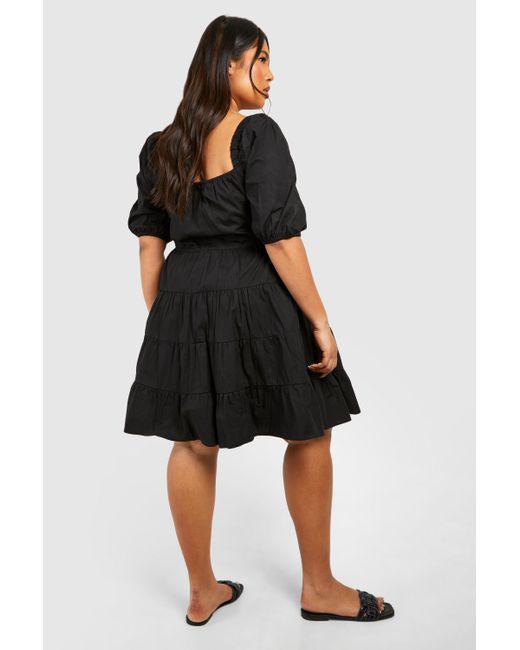 Boohoo Black Plus Woven Puff Sleeve Tiered Mini Smock Dress
