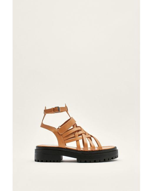 Boohoo Faux Leather Woven Chunky Sandals in Brown | Lyst