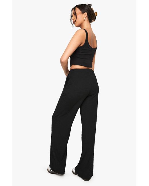 Boohoo Black Textured Pleat Detail Wide Leg Trouser