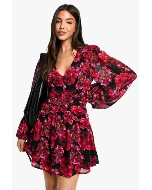 boohoo red floral dress boohoo Women's Floral Print Linen Look Volume Sleeve Mini Dress in Red | Size: 2