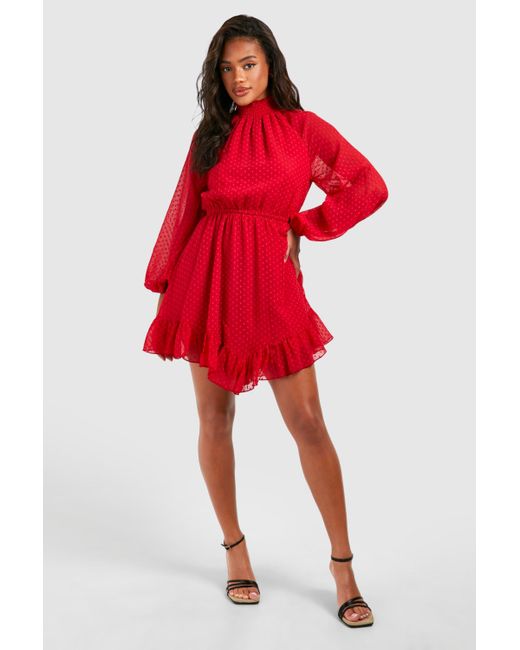 Boohoo Red Dobby High Neck Smock Dress