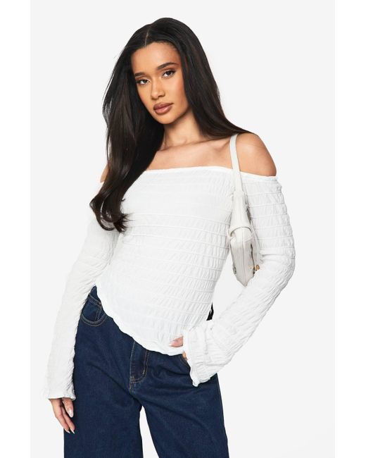 Boohoo White Textured Asym Neck Long Sleeve Top