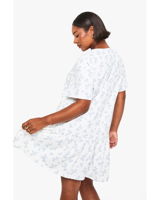 Boohoo White Plus Ditsy Drop Hem Smock Dress
