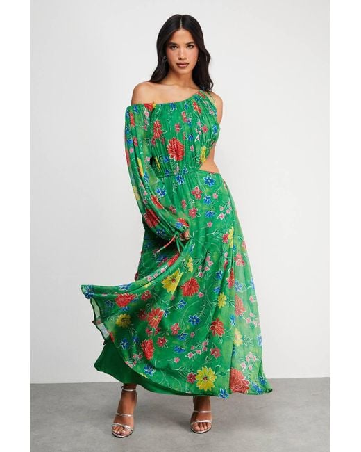 Warehouse Women's Green Chiffon One Shoulder Balloon Sleeve Cut