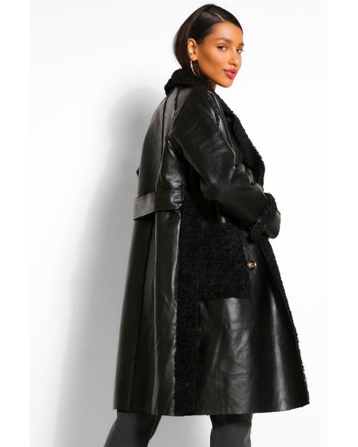 Boohoo Faux Leather Teddy Trim Trench Coat in Black - Lyst