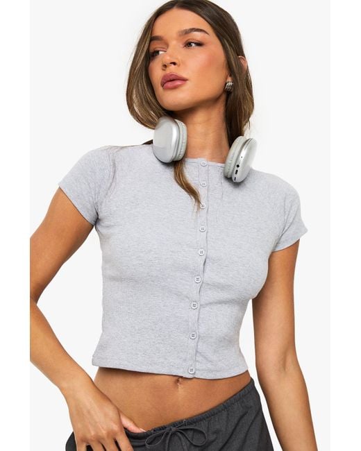 Boohoo White Rib Button Through Cap Sleeve Top