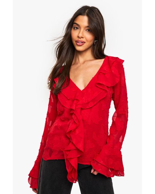 Boohoo Red Floral Texture Ruffle Blouse